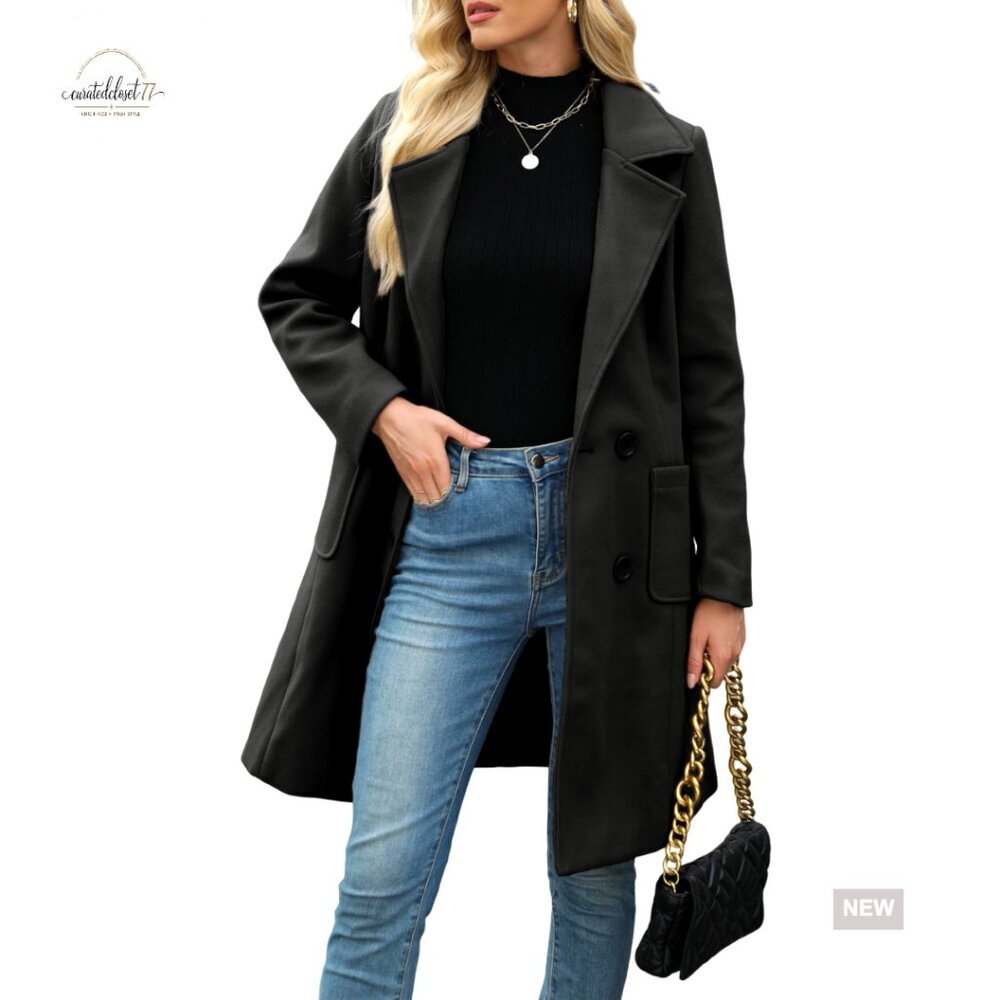 Wool Blend Pea Coat Double Breasted Notch Lapel Mid-Length Winter Coat